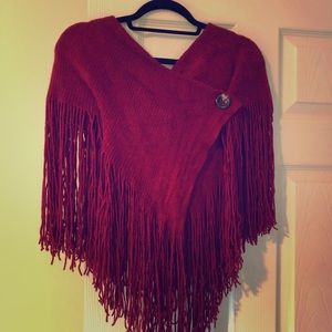 Fun women’s red sweater shawl with fringe!